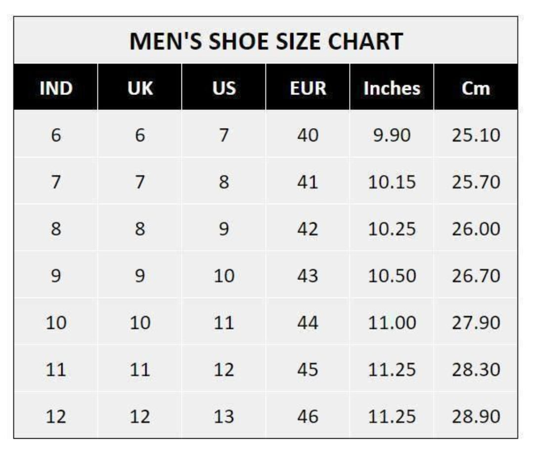 Men's shoe size chart showing conversions between Indian, UK, US, EU, inches, and centimeters.