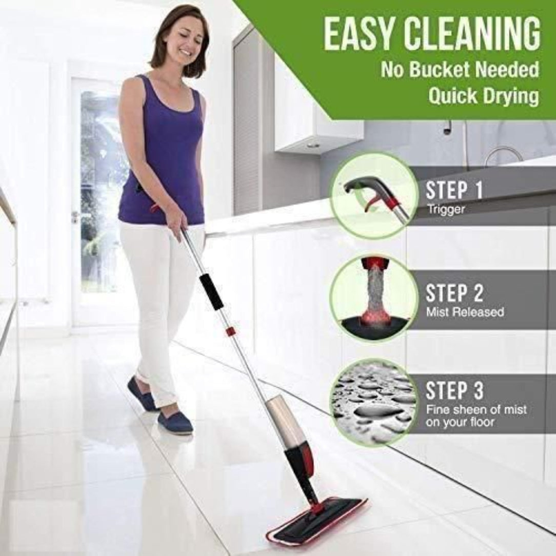 Woman using a cleaning device on a floor with step-by-step instructions on a green banner.