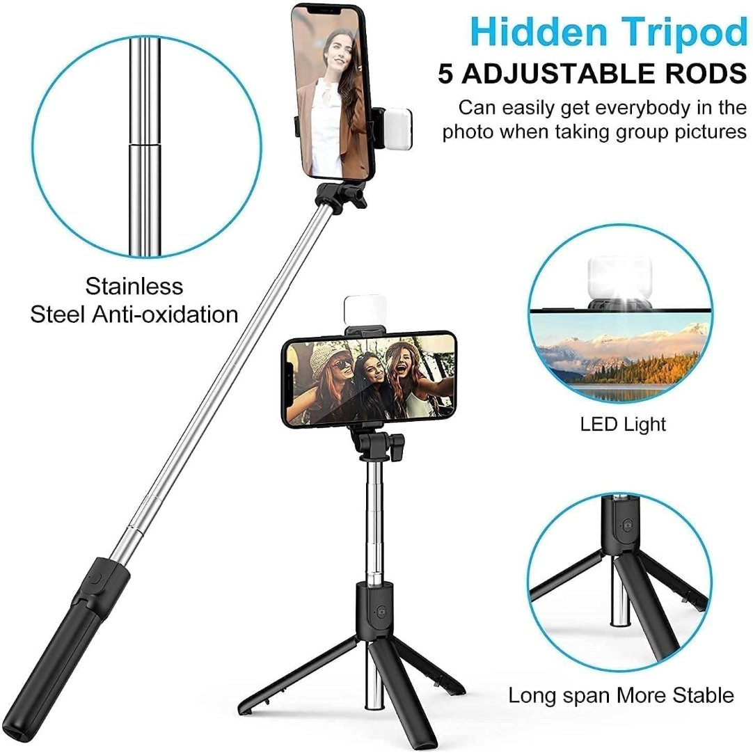 Extendable Flash 3-in-1 Selfie Stick Tripod with Bluetooth Remote .
