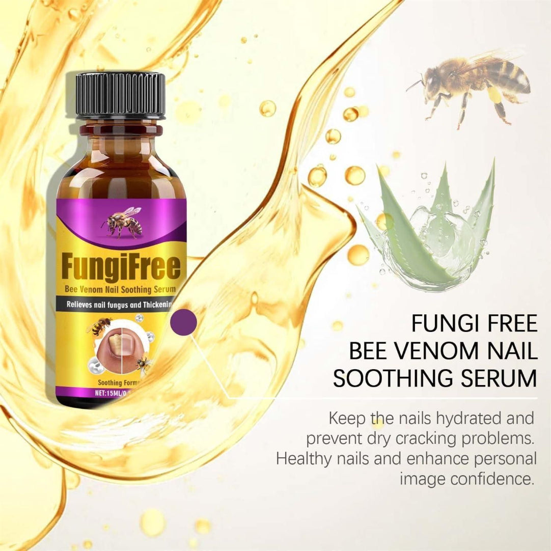 FungiFree bee venom nail soothing serum with a honeycomb and bee illustration on a yellow and white background.