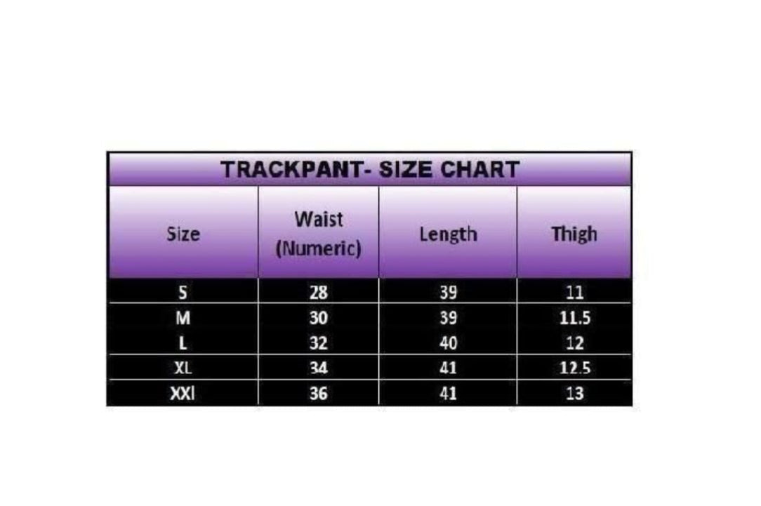 Track pants size chart with measurements for waist, length, and thigh on a white background