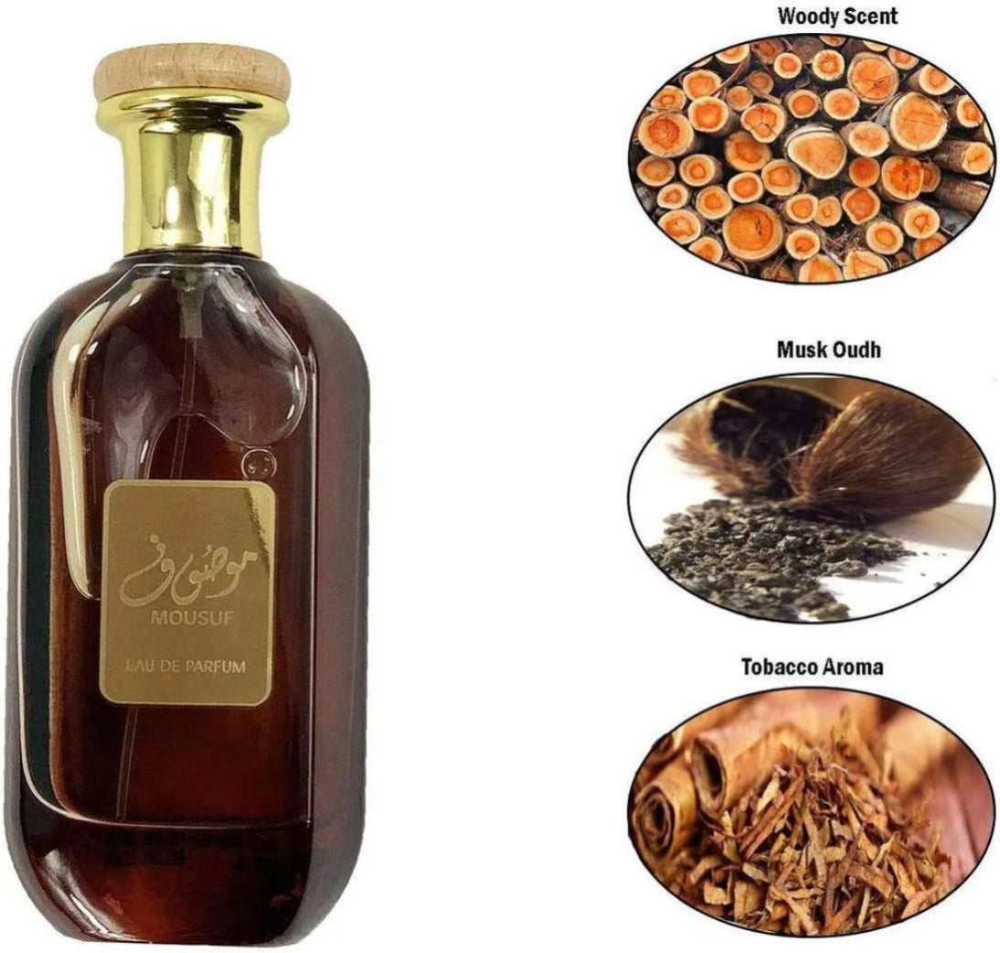 Brown perfume bottle with gold cap and label, surrounded by images of wood, musk, and tobacco.