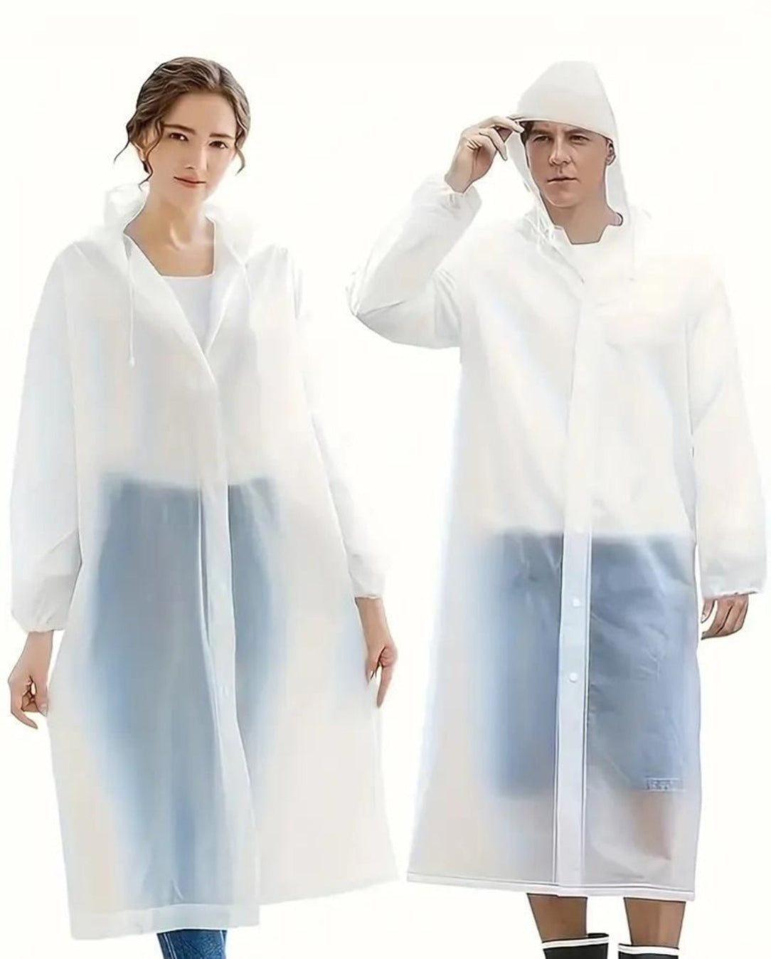 Two people wearing white raincoats on a white background