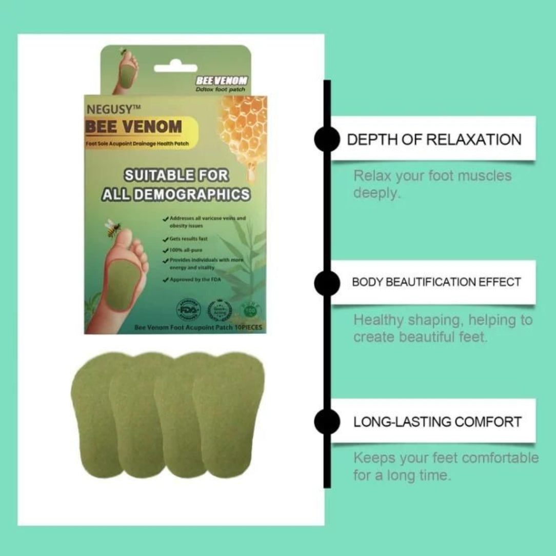 Bee Venom foot patch packaging with product description on a green background