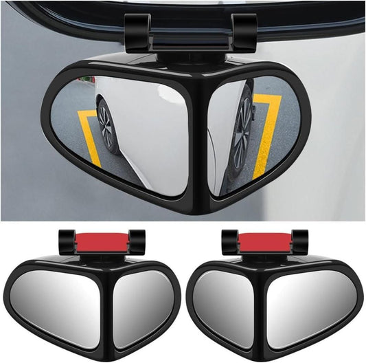 An adjustable car auxiliary rearview mirror with a black plastic frame and a reflective surface, shown in both red and yellow tint options.