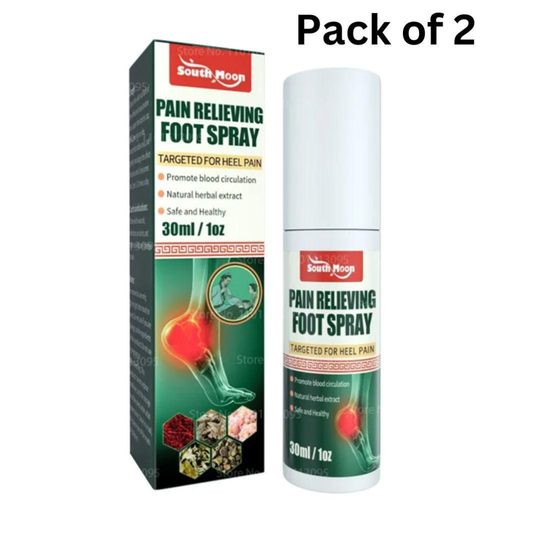 South Moon Pain Relieving Foot Spray packaging and spray can on a white background