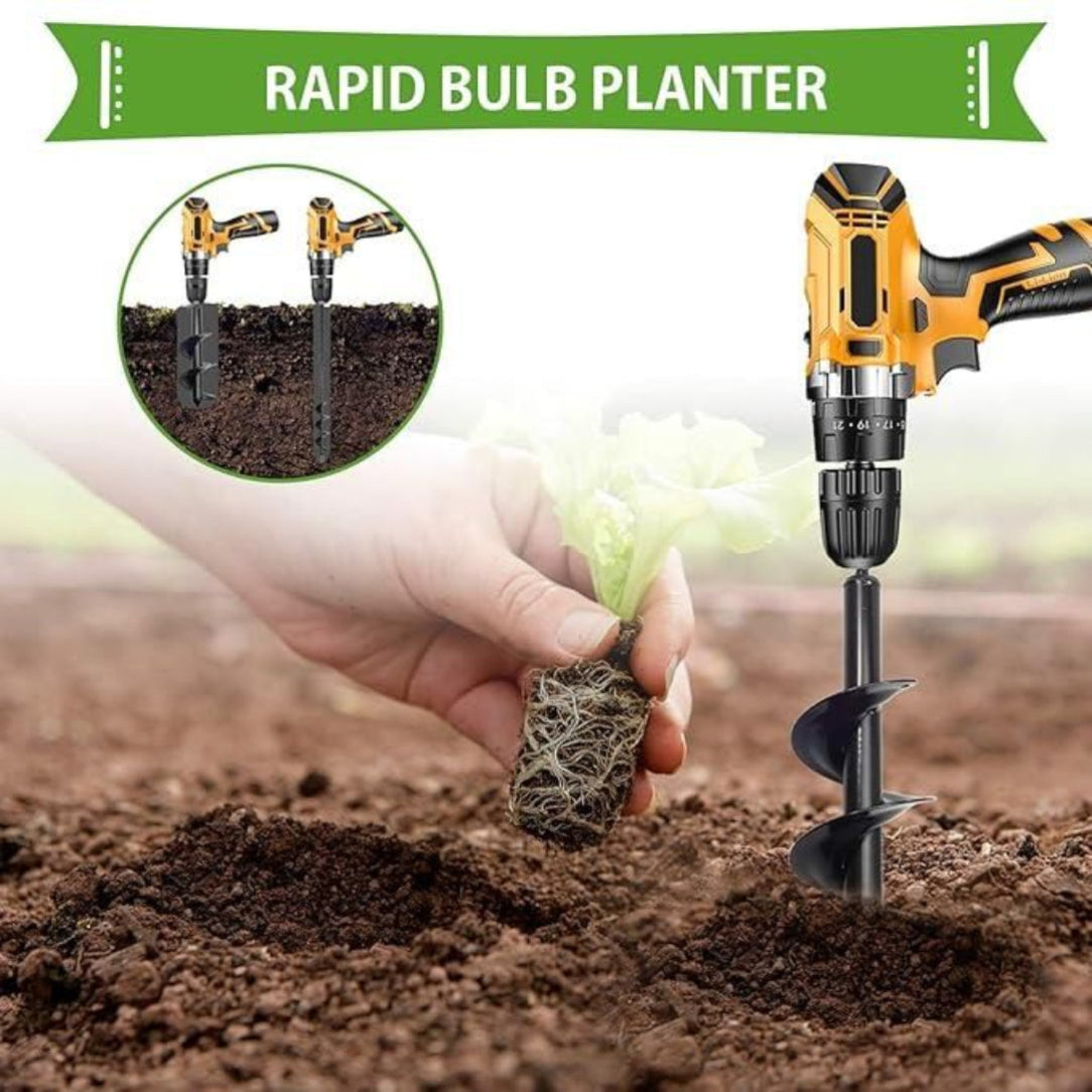 Electric bulb planter being used to plant a bulb in soil with 'Rapid Bulb Planter' text above.