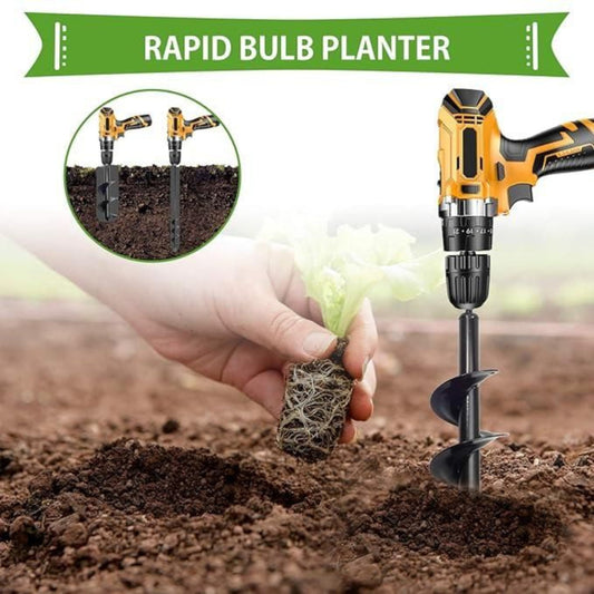 Electric bulb planter being used to plant a bulb in soil with 'Rapid Bulb Planter' text above.