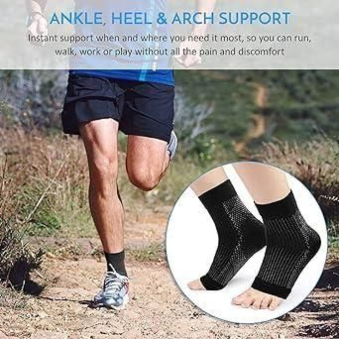 Person running with ankle support socks on, highlighting product feature.