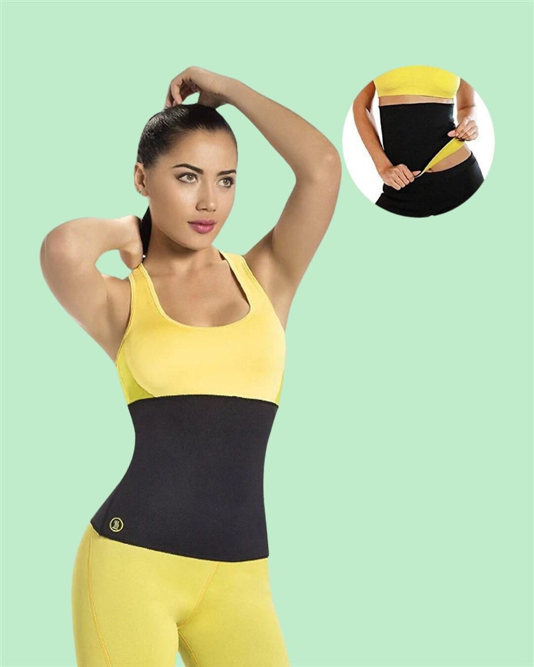 Woman wearing a black waist trainer with yellow top and pants on a light green background