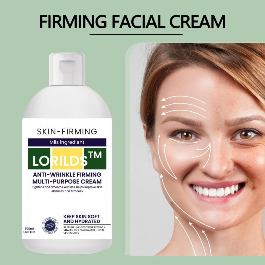 Lorilds firming facial cream with a woman's face showing skin improvement on a green background