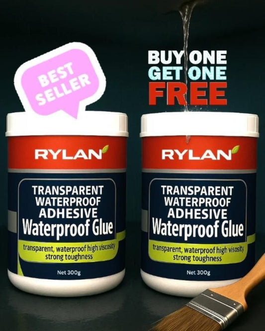 Two containers of Rylan waterproof glue with a brush on a dark background