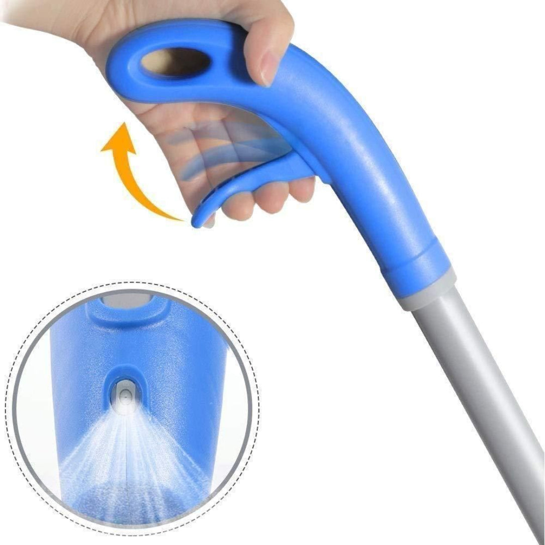 Hand holding a blue garden hose nozzle with a close-up of water spray on a white background