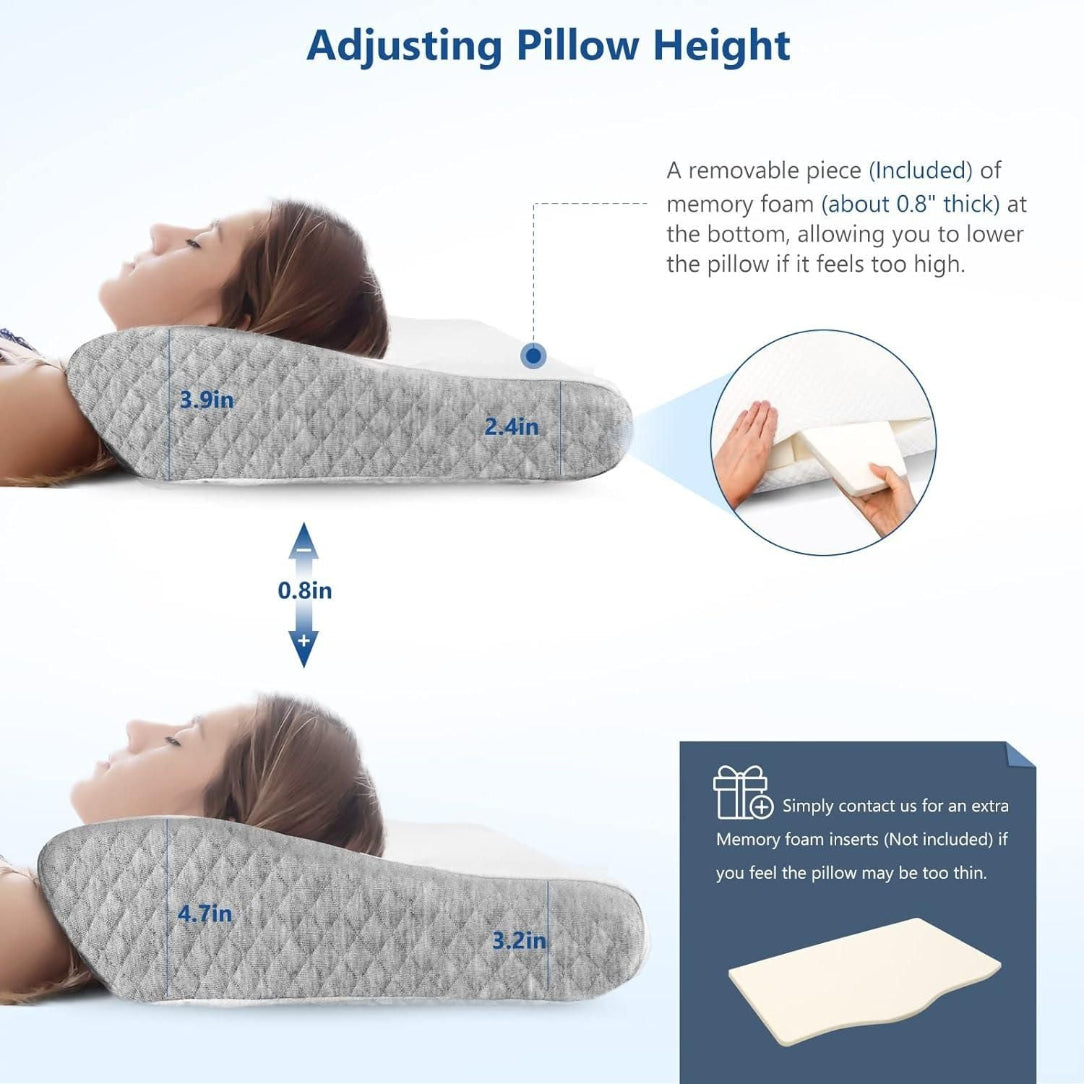 Adjustable pillow with height measurement and user instruction on a white background