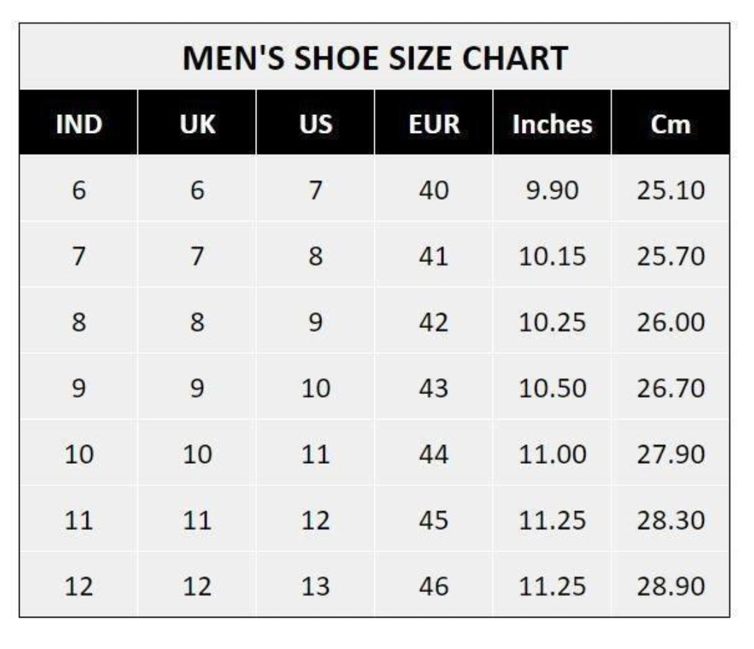 Men's shoe size chart with various measurement units