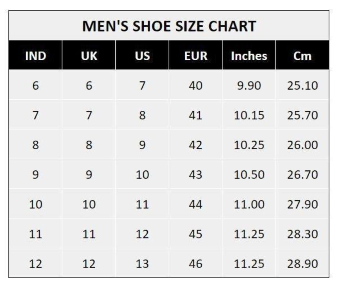 Men's shoe size chart with various measurement units