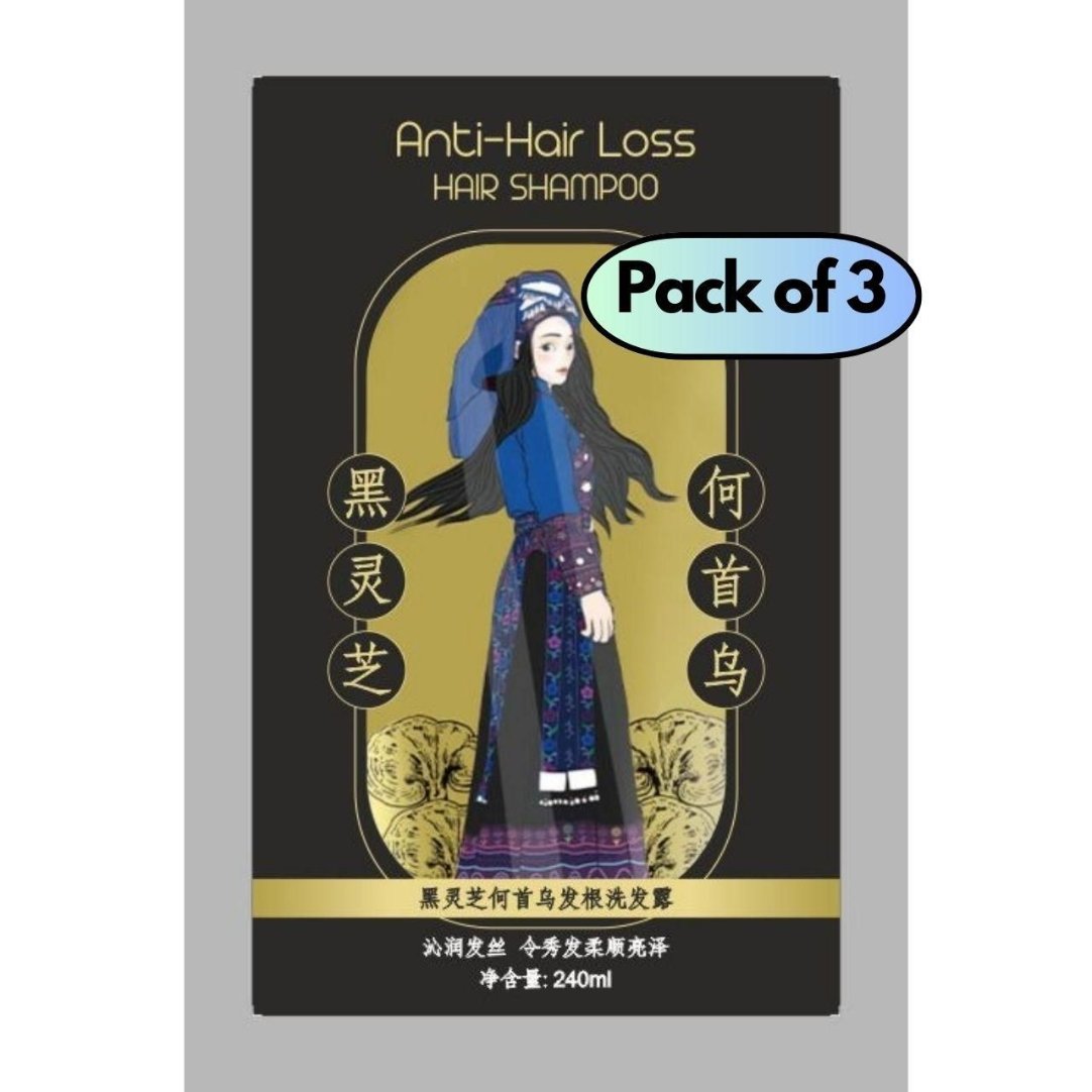 Product packaging for Anti-Hair Loss Hair Shampoo featuring an illustration of a female character in traditional attire alongside text and a 'Pack of 3' label.