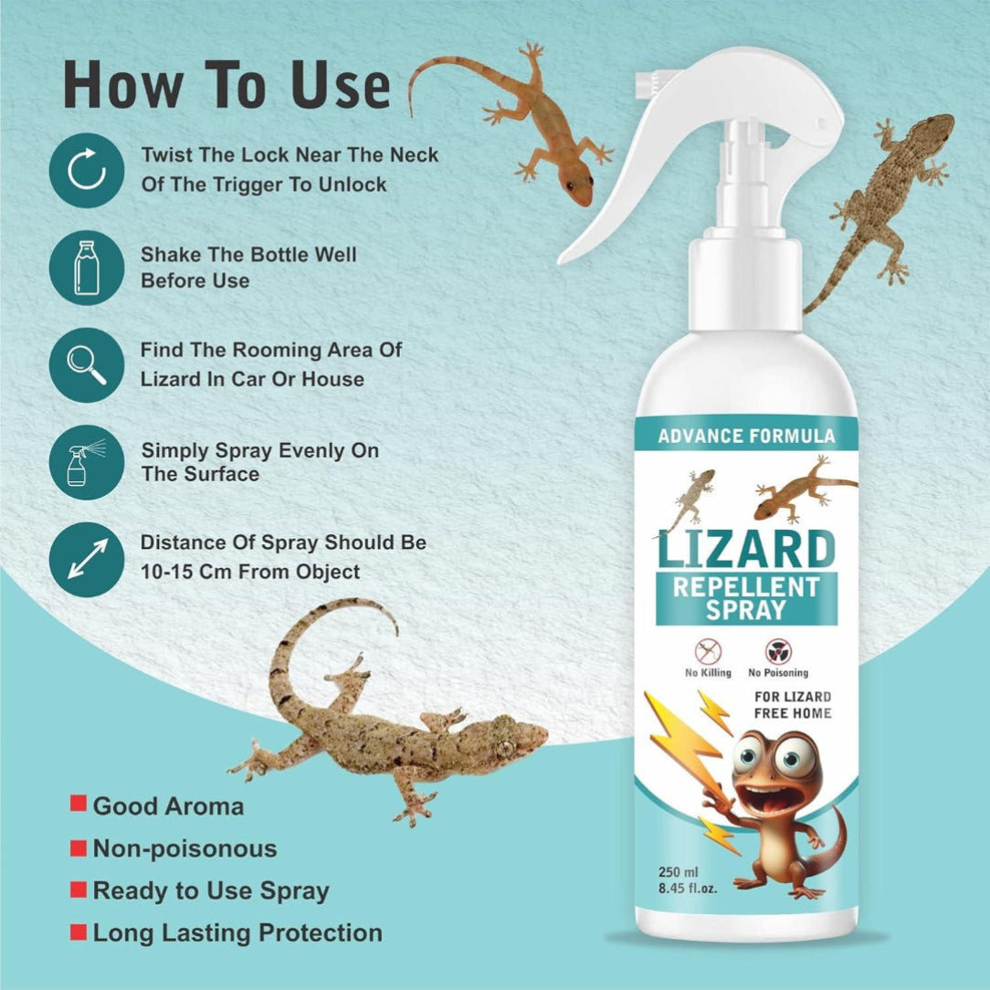 Lizard repellent spray bottle with usage instructions on a light blue background