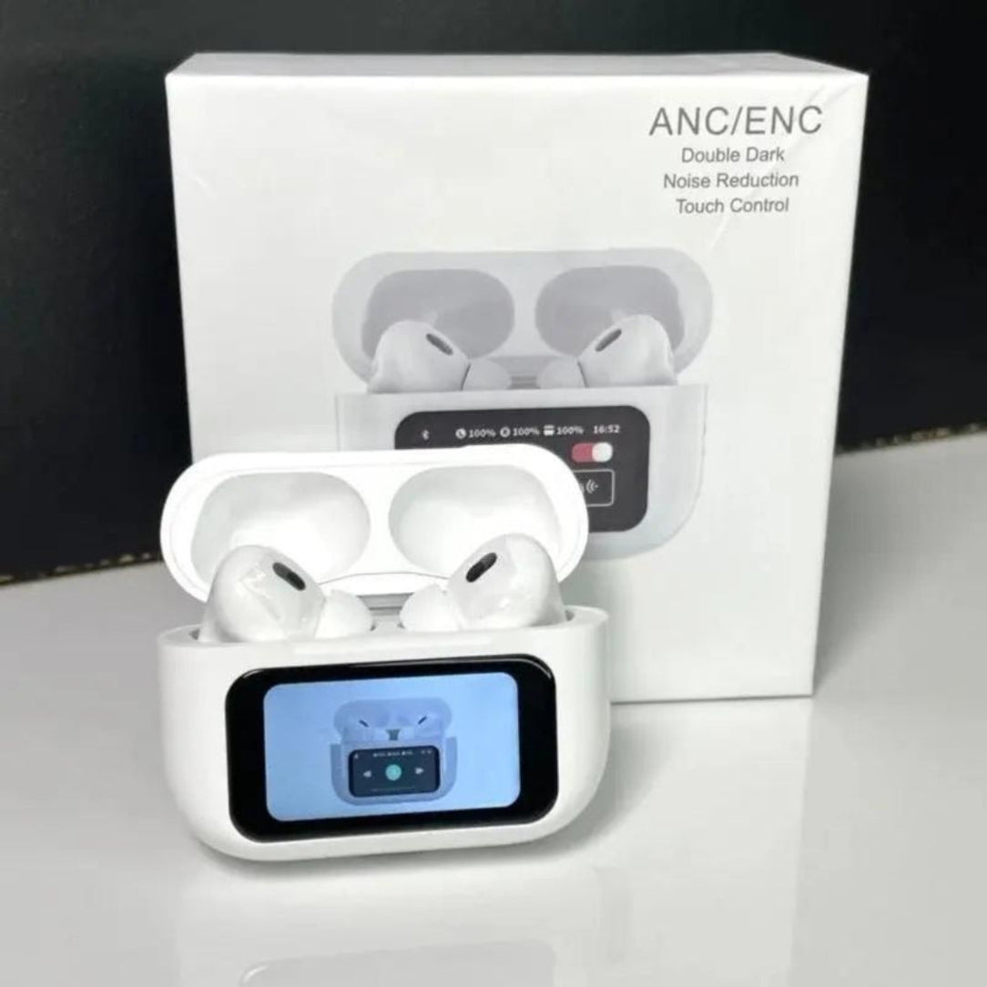 Smart Wireless Earbuds with LCD Touch Screen displayed in an open charging case, with the packaging box visible in the background.