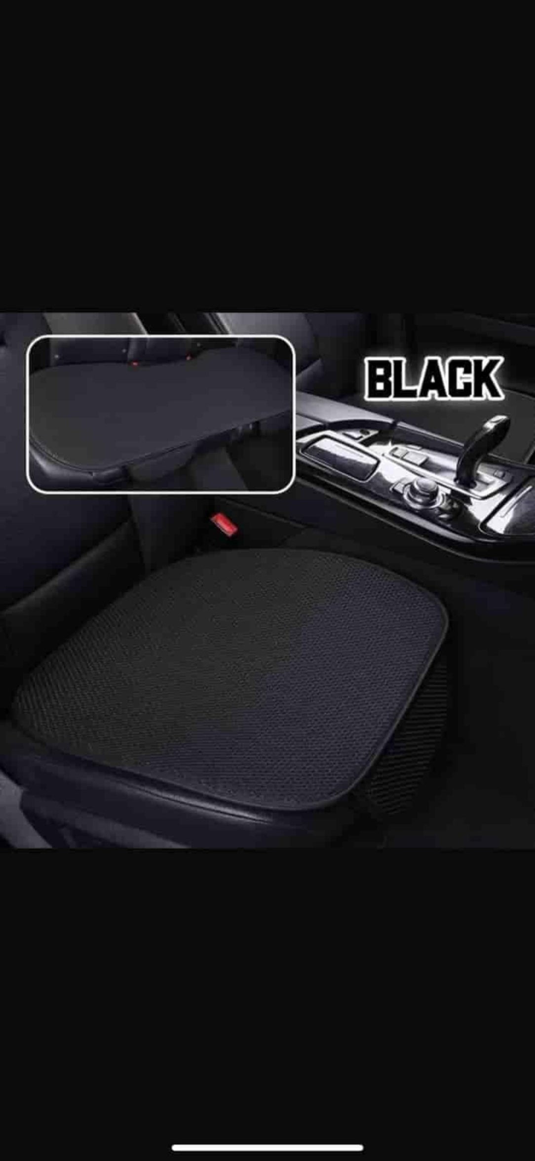 Black car seat cover on a car seat with 'BLACK' text overlay.