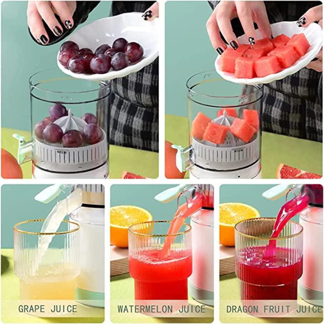Collage of a person using a manual juicer with grapes, watermelon, and dragon fruit, followed by the juices being poured into glasses.