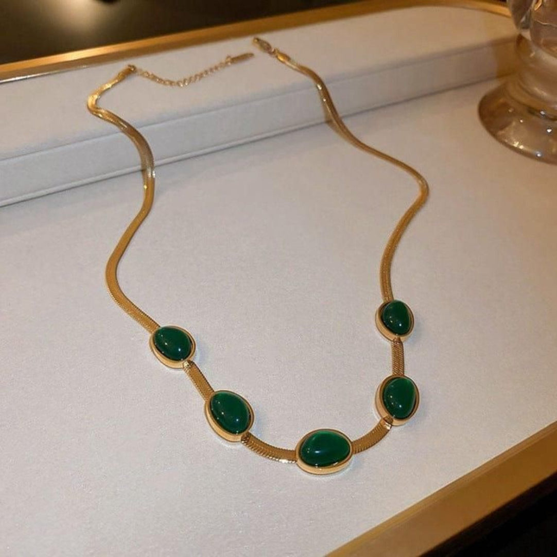 Oval Green Crystal Pendant Necklace Set With Bracelet .
