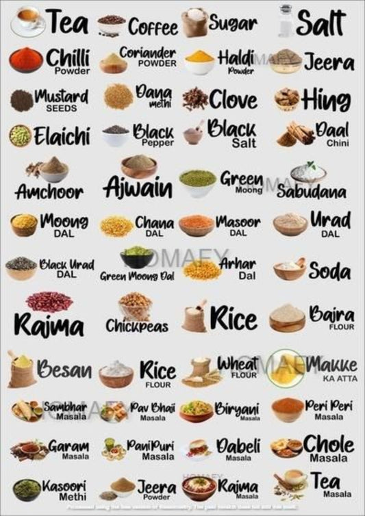 Collection of various spices and ingredients with labels on a white background