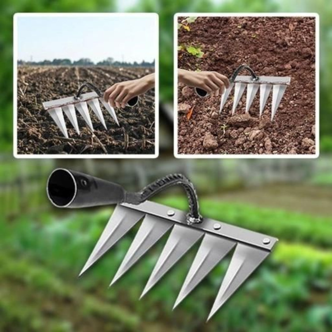 Garden tiller with close-up shots of use on soil and hands.