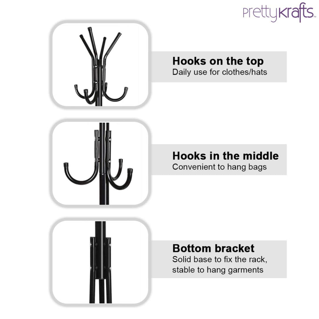 Black metal wall hook rack with labeled features on a white background