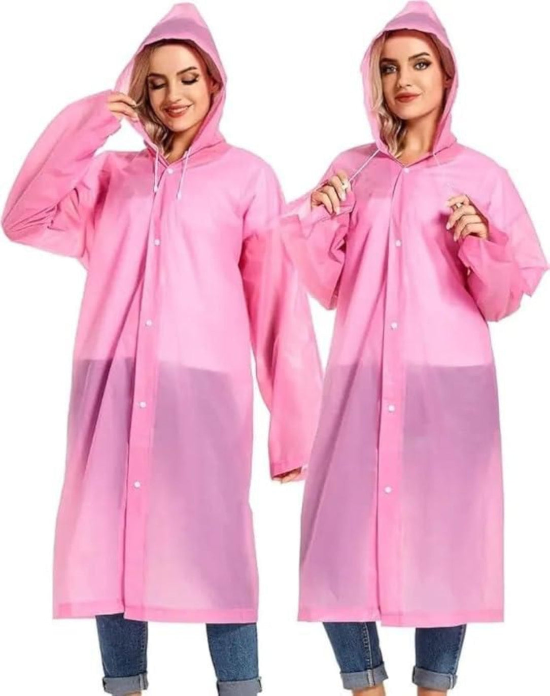 Two pink raincoats worn by models on a white background