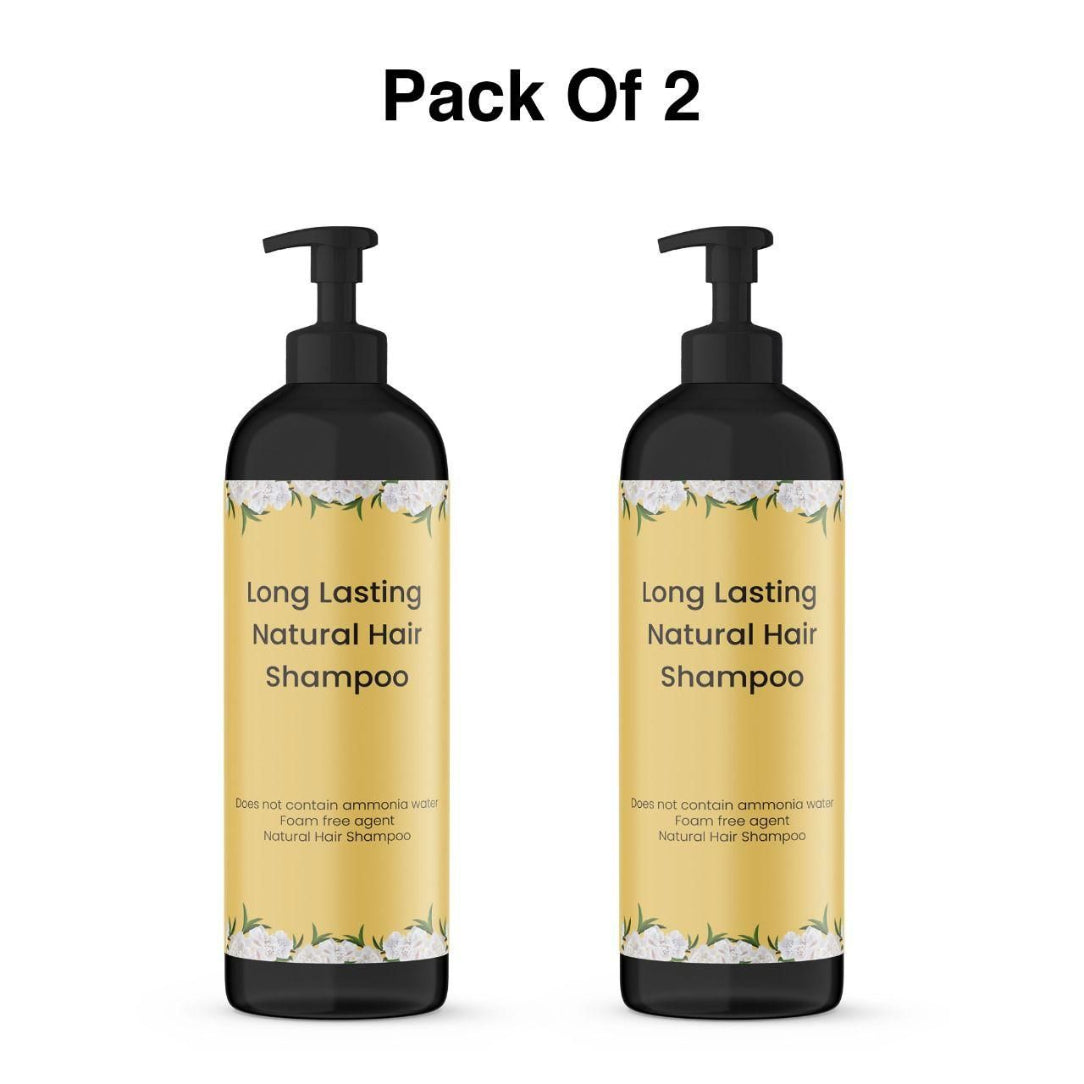 Two bottles of 'Long Lasting Natural Hair Shampoo' with black pump tops on a white background.