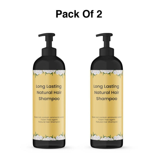 Two bottles of 'Long Lasting Natural Hair Shampoo' with black pump tops on a white background.