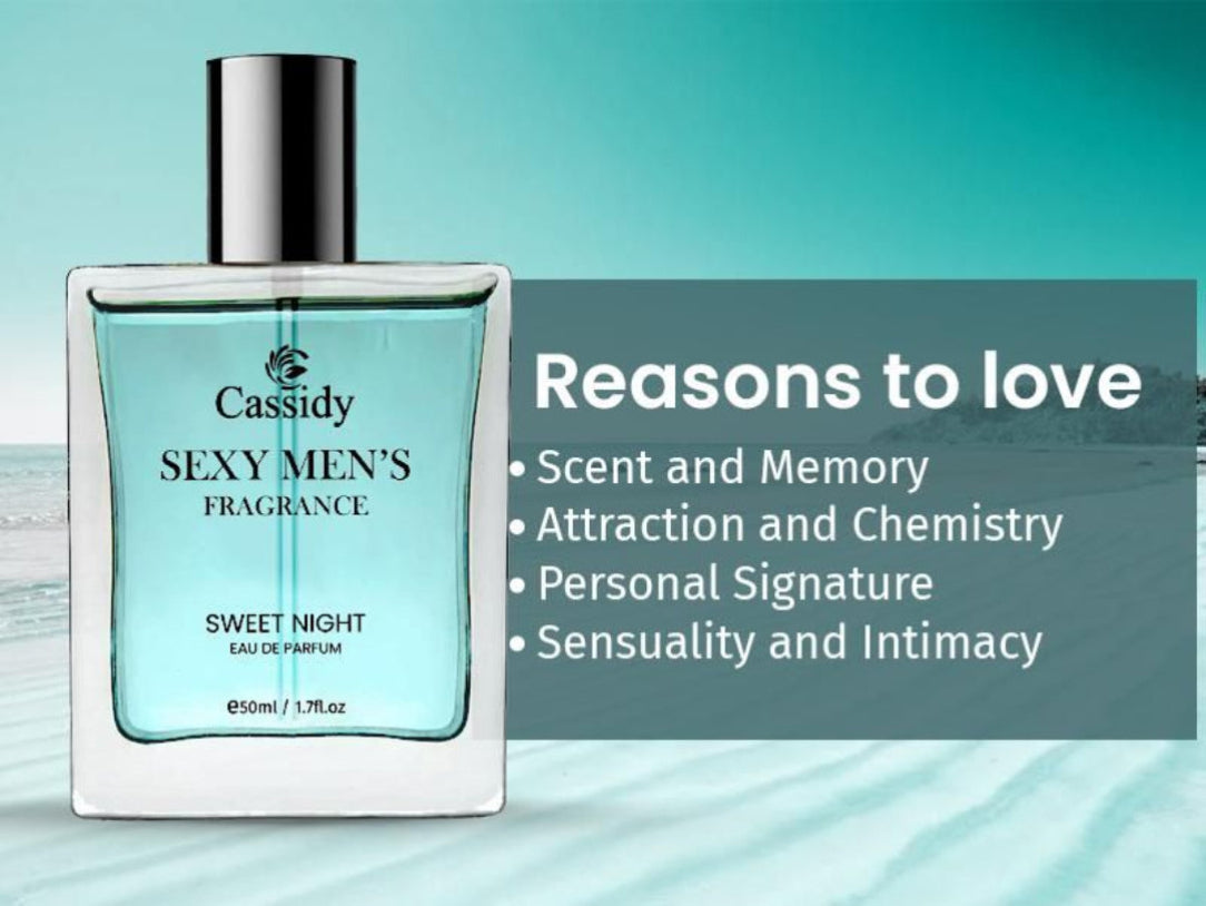 Perfume bottle labeled 'Cassidy Sexy Men's Fragrance Sweet Night' with promotional text on a light blue background.