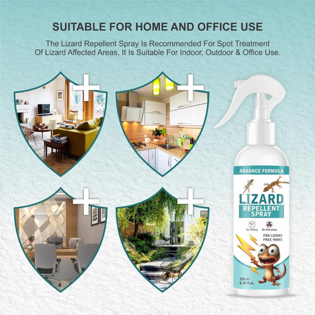 Lizard Repellent Spray bottle with usage scenarios for home and office on a light blue background
