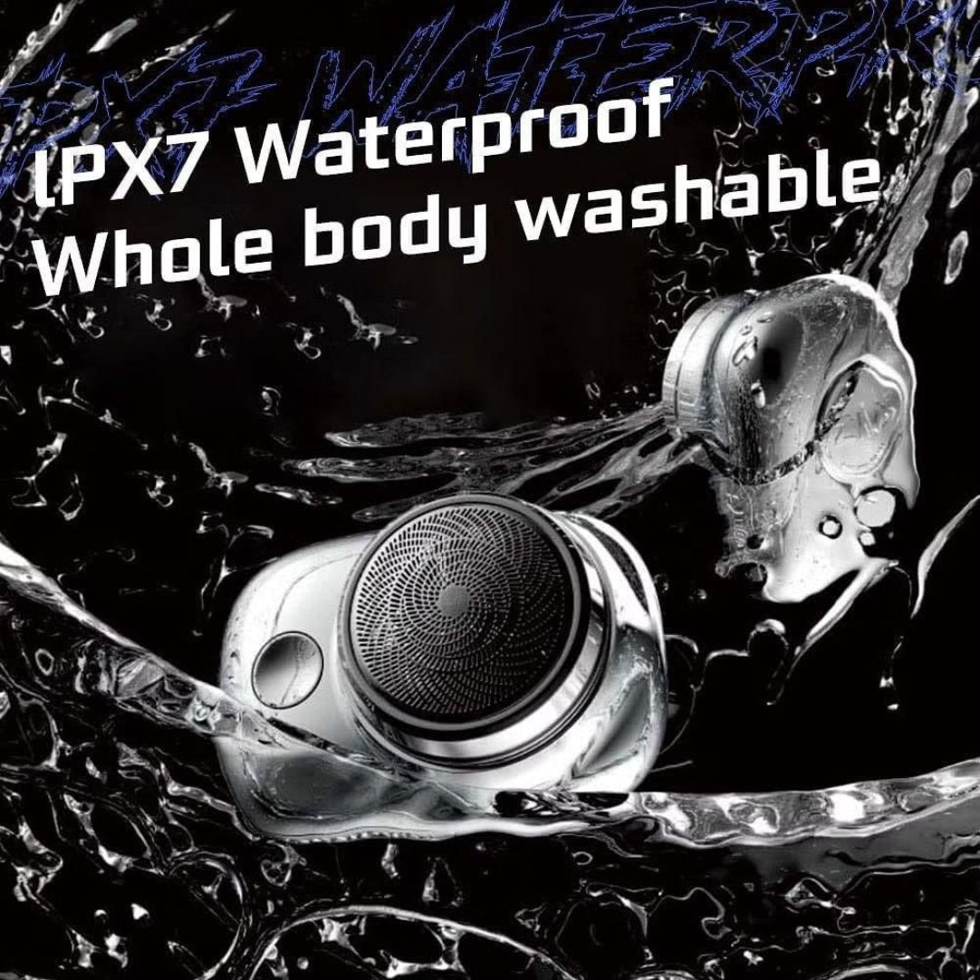 Waterproof earbuds with water droplets and text indicating IPX7 waterproof and whole body washable features.