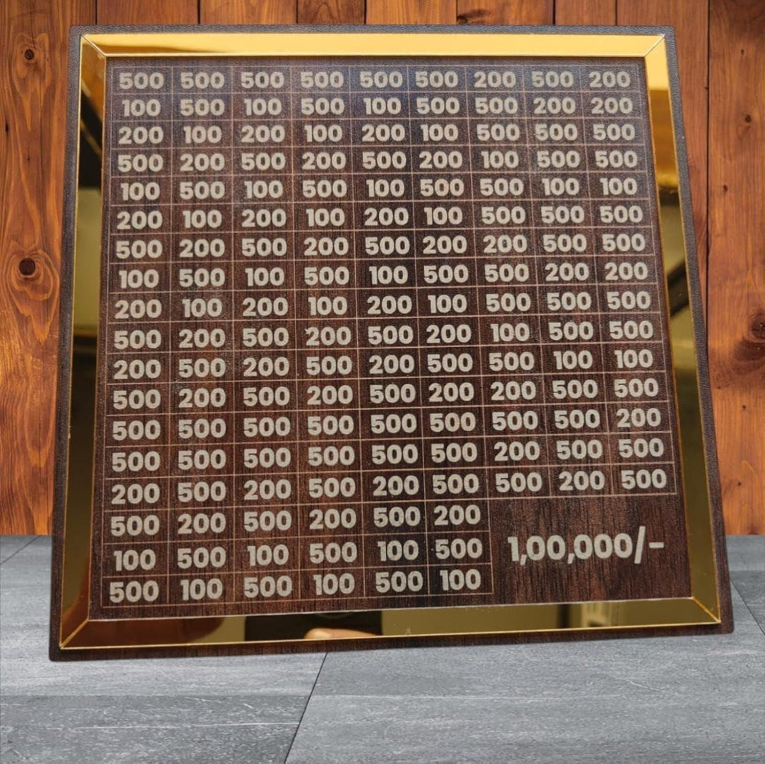 Framed board with numbers and currency value on a wooden background