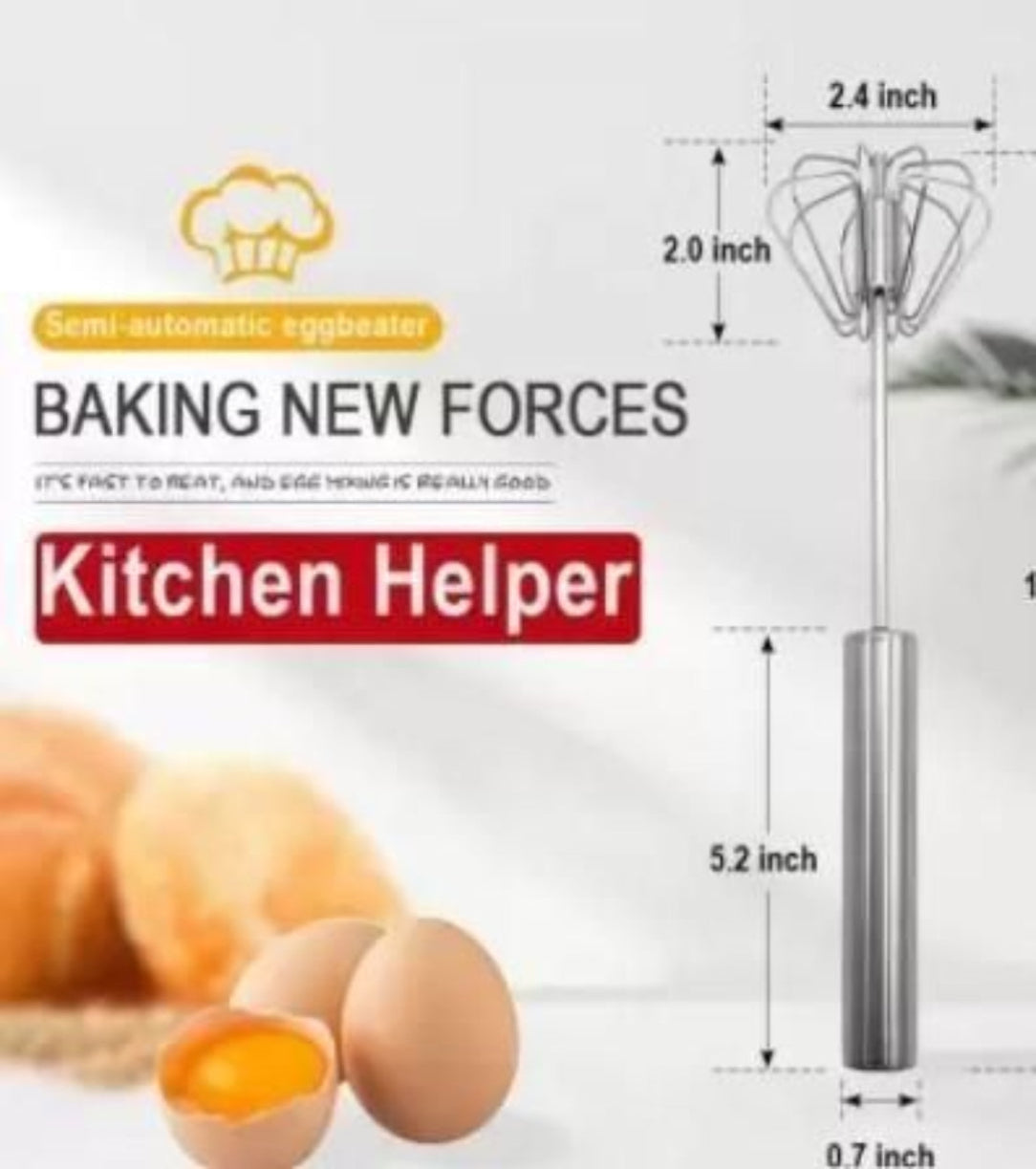 Semi-automatic eggbeater with measurements and baking-themed text on a white background