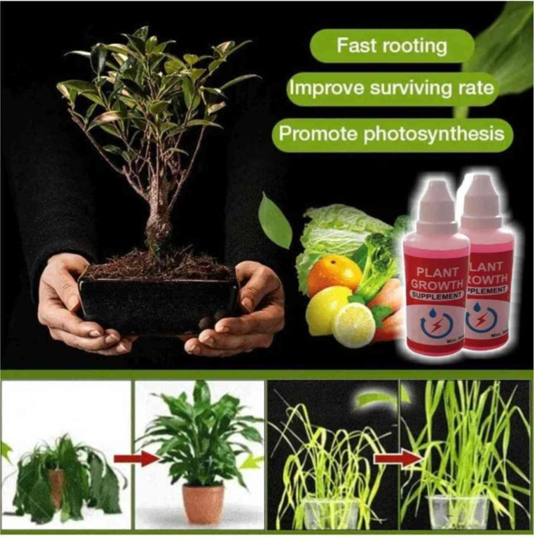 Plant growth supplement bottles with images of plants and vegetables, promoting plant care.
