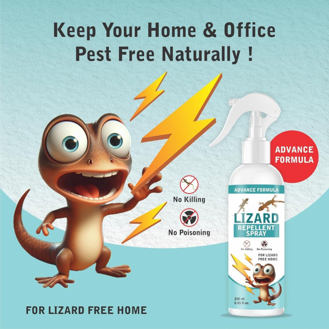 Lizard repellent spray with cartoon lizard and lightning bolt on a light blue background