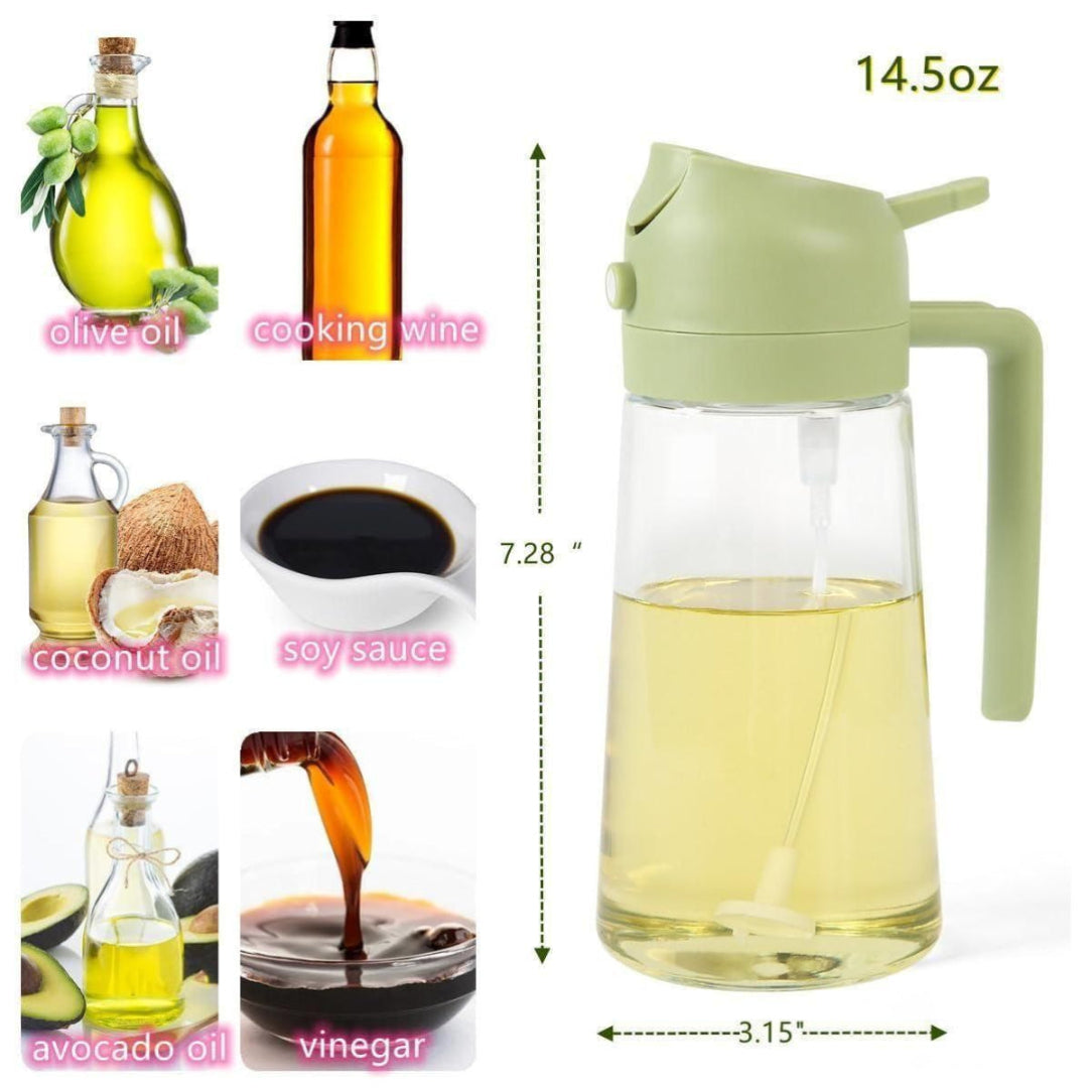 Glass oil and vinegar dispenser with measurements and images of oils and sauces.