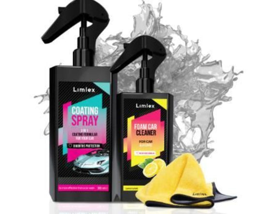 Car care products including a coating spray and foam car cleaner with a yellow towel.