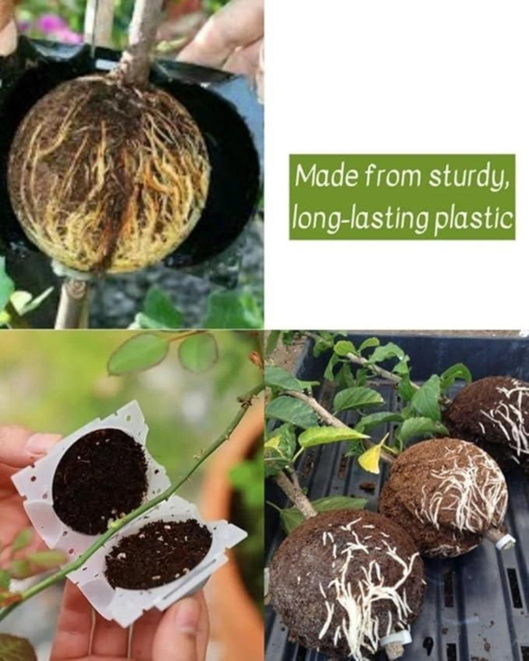 Collage of root balls, seed trays, and plants with text 'Made from sturdy, long-lasting plastic'.