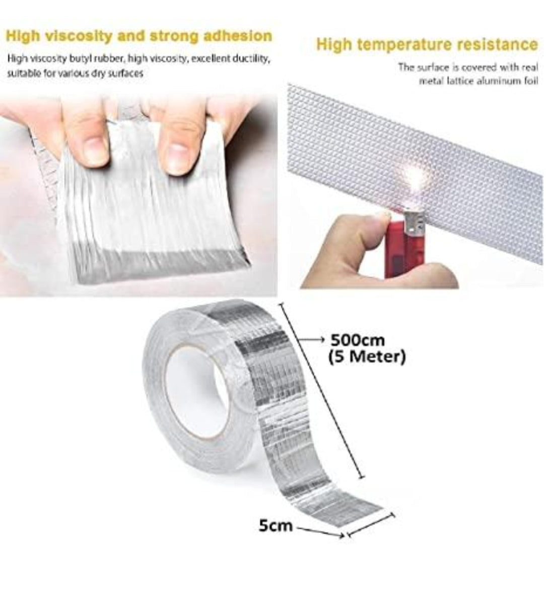 Metallic tape with text on high viscosity, adhesion, temperature resistance, and dimensions.