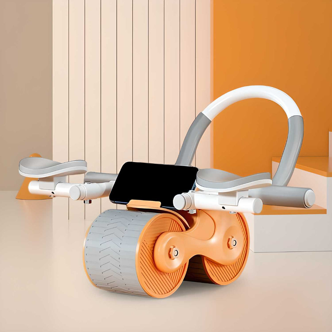 An abdominal exercise roller with a gray handle and an orange wheel, placed against a neutral background.