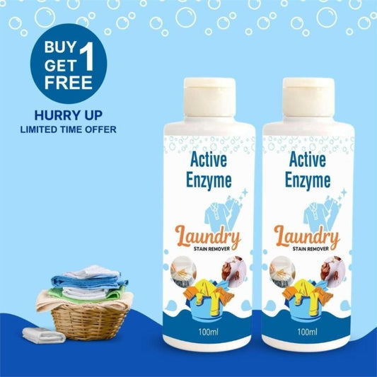 Two bottles of Active Enzyme Laundry Stain Remover with a 'Buy One Get One Free' offer label, indicating a 100 ml volume for each bottle, and a graphic representation of laundry stain removal.