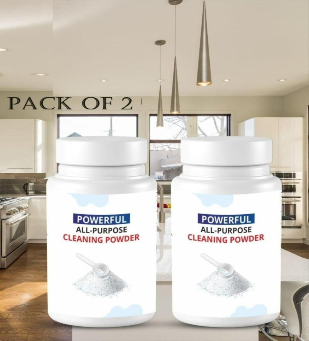Two bottles of All-Purpose Instant Kitchen Cleaning Powder in a modern kitchen setting. The powder is depicted as a cleaning agent in this context.