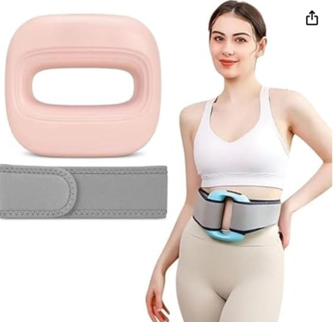 Woman wearing a waist trainer with close-up of the product on a white background
