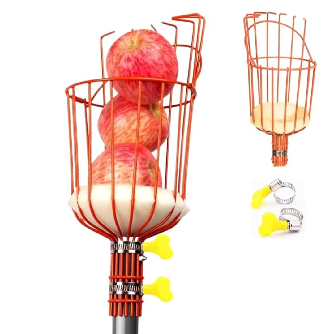 Orange bird feeder with apples and two additional feeders on a white background