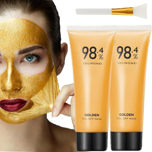 Two tubes of '98.4% Golden Peel Off Mask' by SeilingMei with a peel off mask applied to a person's face in the background, indicating a beauty product usage scenario.