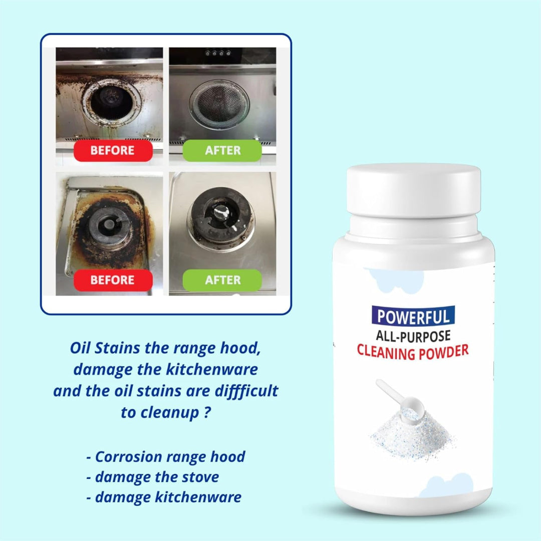 Bottle of all-purpose cleaning powder with before and after images of a range hood on a light blue background.